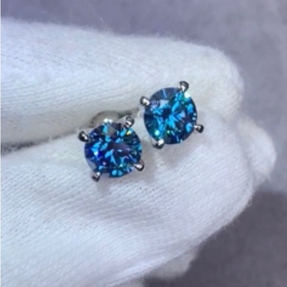 Genuine ~ Certified 2 Carat Bright Blue Diamond 18k White Gold Stud Earrings - Picture 10 of 16